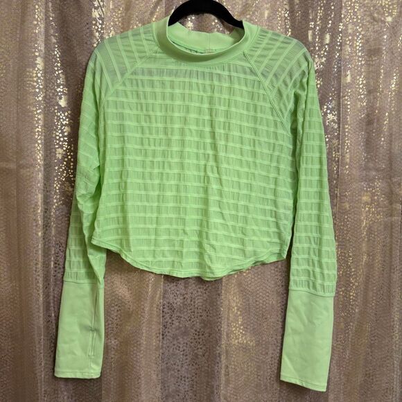 Free People Movement Bright Green Sheer Stripe Long Sleeve Crop Athletic Top Lar - Picture 1 of 8